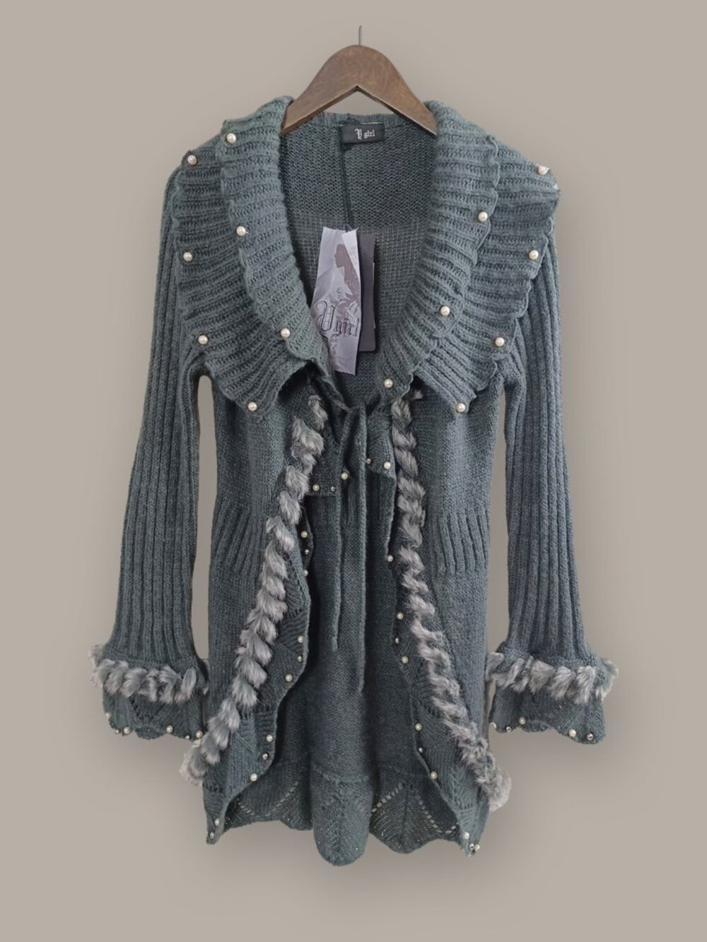 Y Girl Faux Fur Pearl Trim Open Front Cardigan Size S
